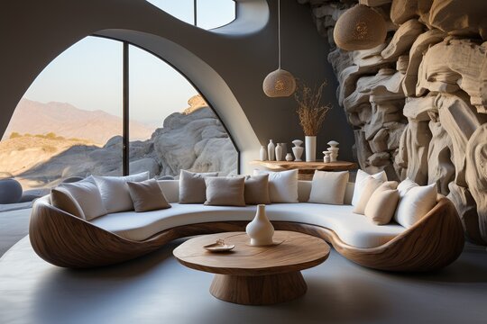 Living room interior with large white sofa, wooden coffee table and decorative stone on the walls