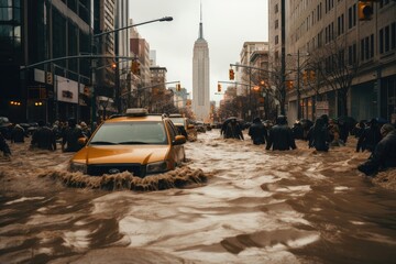 Flooded roadway on a New York street. Climatic world problems, urban torrential downpours
