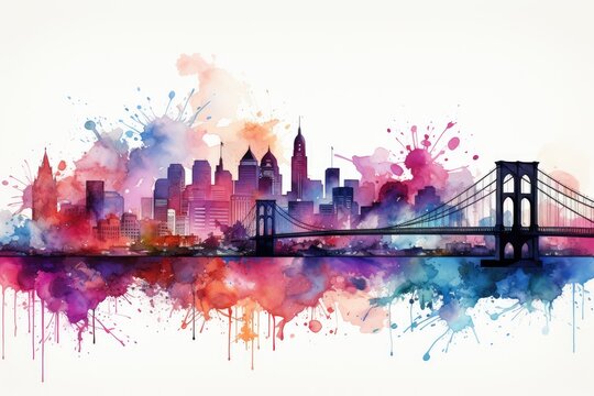 Watercolor night New York with the Brooklyn bridge and high-rise buildings. City landscape