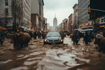 Rollo New York TAXI On a flooded street in New York, a cow, people and cars. The climate problem of high precipitation.
