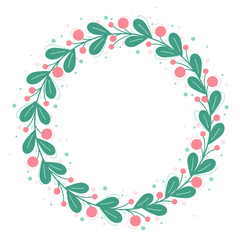 Fototapeta na wymiar Round frame wreath of green leaves with red berries. Christmas decorations for cards. Flat style. Vector illustration.
