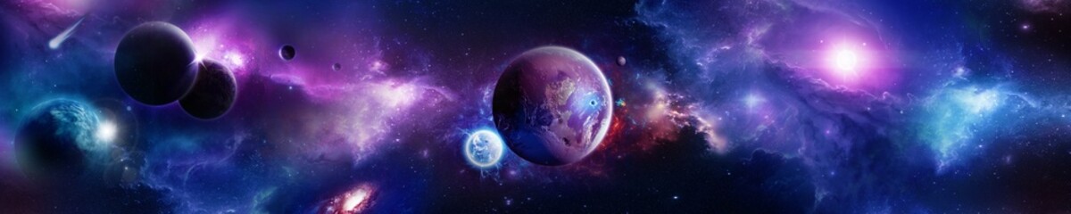 Space scene with planets, stars and galaxies. Banner for web, panorama, horizontal view.  3d render - obrazy, fototapety, plakaty