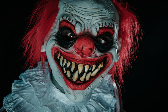 mad evil redhead clown staring at the observer