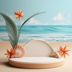 Minimal round marble podium, Aesthetic summer dais, 3D podium with a premium summer beach background, seaside sand, waves, shells and coconut trees for product showcase, AI generated.