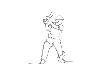 Side view of a batsman preparing to receive the ball. Cricket one-line drawing