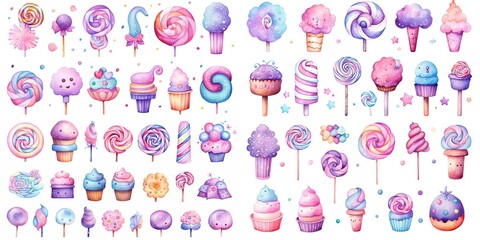 watercolor cupcakes and candy set in cute cartoon style isolated on white background, children art style design, Generative Ai
