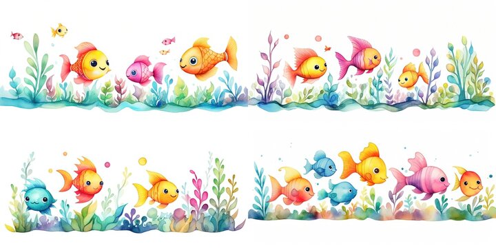 watercolor painting style illustration of cute cute goldfish  and various fish swimming underwater in fish tank, generative Ai