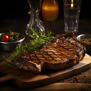 Delicious grilled steak with rosemary served on wooden platter
