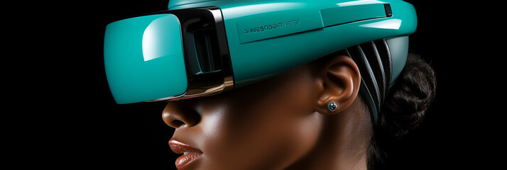 Hübsche Model Frau mit VR Brille 3D VR Metaverse in Querformat als Banner, ai generativ