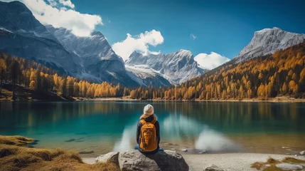 Türaufkleber Berge Travelers couple look at the mountain lake. Travel and active life concept with team. Adventure and travel in the mountains region in the Austria Generative AI