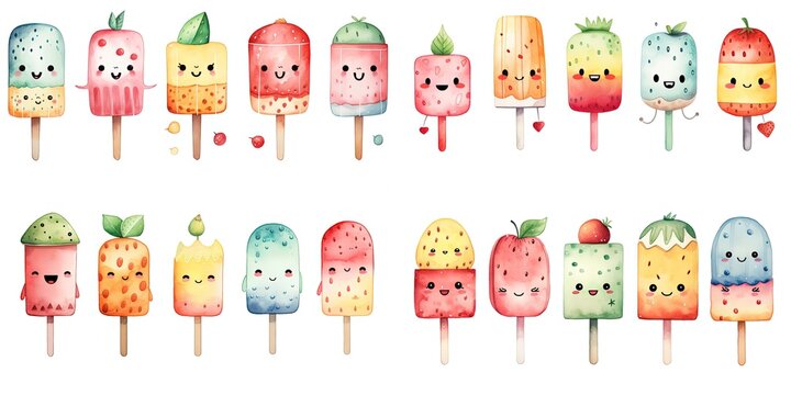 watercolor style illustration of cute cartoon popsicle ice-cream collection set, Generative Ai