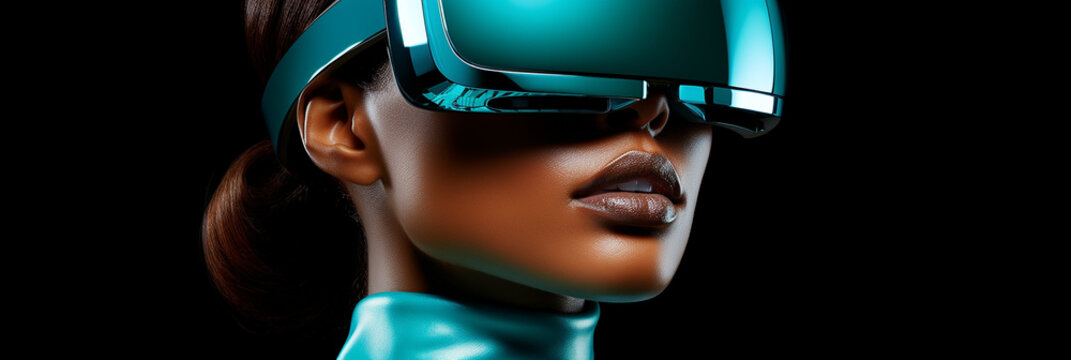 Hübsche Model Frau mit VR Brille 3D VR Metaverse in Querformat als Banner, ai generativ