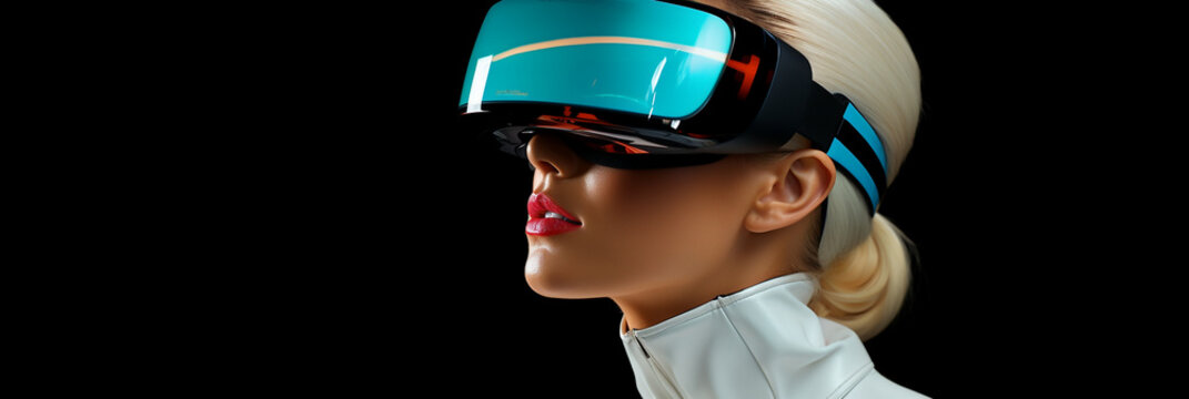 Hübsche Model Frau mit VR Brille 3D VR Metaverse in Querformat als Banner, ai generativ