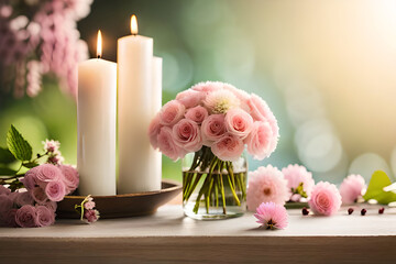 Beautiful composition with burning candles and flowers