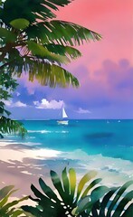 Fototapeta na wymiar Watercolor tropical island with palm trees.
