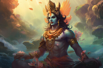 Lord Vishnu , Hindu God, generative AI - obrazy, fototapety, plakaty