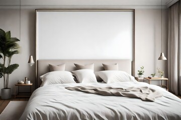 A serene bedroom with an white empty canvas frame for a mockup above the headboard, creating a tranquil focal point.
