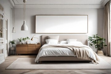 A serene bedroom with an white empty canvas frame for a mockup above the headboard, creating a tranquil focal point.
