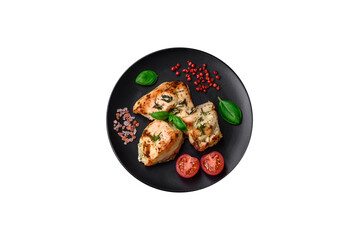 Delicious juicy chicken, turkey skewers with salt, spices and herbs