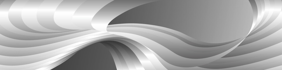Monochrome cover design, abstract background. Wavy silver parallel gradient lines, ribbons, silk. Black and white with shades of gray banner, poster. eps vector