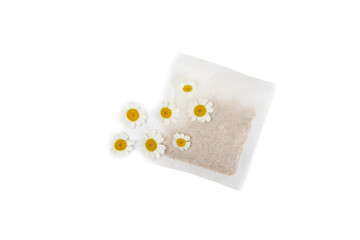A bag of chamomile tea. Herbal chamomile tea in a bag isolated on white background. Close-up. healthy herbal drinks, immunity tea. Natural healer concept.Place for text.