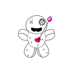 Sad sitting voodoo doll with pins for coloring page