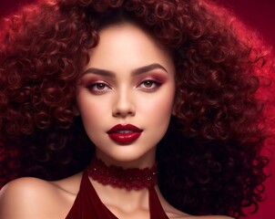 Fototapeta premium Closeup Portrait of a Stunning Fashion Model with Curly Hair, Red Lipstick, Matte Makeup. Fashion Editorial Concept
