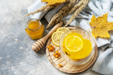 Hot herbal vitamin sea buckthorn tea in a glass cup with fresh sea buckthorn berries, honey and lemon on a stone tabletop. Relaxation and herbal medicine. Copy space.