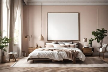 An elegantly appointed bedroom featuring a blank white canvas frame for a mockup on a softly colored wall.
