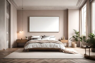 An elegantly appointed bedroom featuring a blank white canvas frame for a mockup on a softly colored wall.
