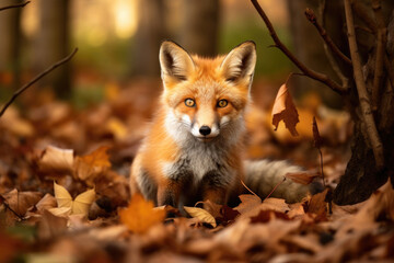 Red fox in the autumn forest - obrazy, fototapety, plakaty