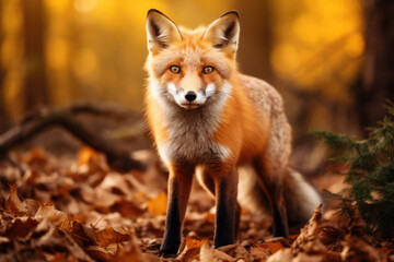Naklejka na ściany i meble Red fox in the autumn forest