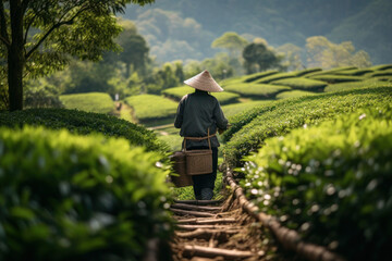 Fototapeta premium a woman picks tea on a plantation in Thailand. view from the back. agricultural work. green leaves on the field.