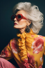 elderly woman in sunglasses. fashion and style in retirement. makeup and gray hair. adult grandmother in jewelry.
