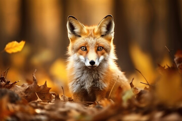 Naklejka na ściany i meble Red fox in the autumn forest