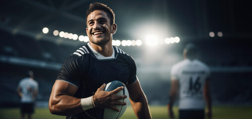 Portrait of a rugby player with ball in stadium. Sports concept.