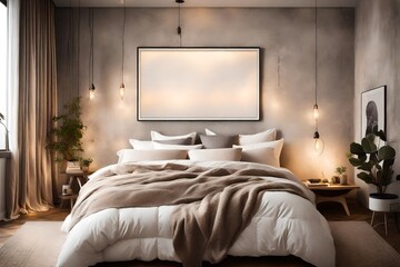 A cozy bedroom with plush bedding and soft lighting, showcasing a white canvas frame for a mockup that adds an artistic touch.
