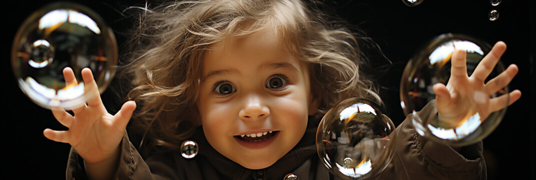 S&uuml;&szlig;es Kind will Seifenblasen fangen im dunklen Licht Nahaufnahme als Querfomat f&uuml;r Banner, ai generativ