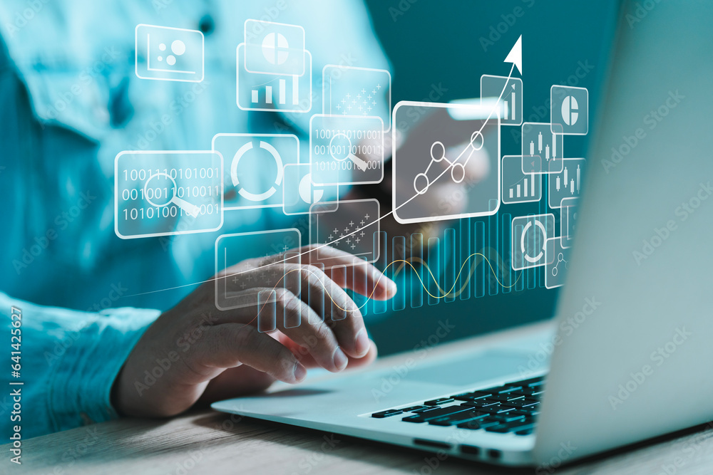 Aufkleber businessman works on laptop showing business analytics dashboard with charts, metrics, and kpi to an