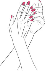 Beautiful woman hand with long red nails manicure, nail polish salon