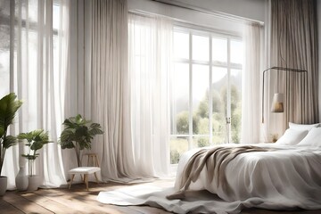 A dreamy bedroom with sheer curtains and natural light, where a pristine white canvas frame exudes artistic potential.
 - obrazy, fototapety, plakaty