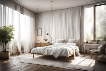 Fototapeta A dreamy bedroom with sheer curtains and natural light, where a pristine white canvas frame exudes artistic potential.
 obraz