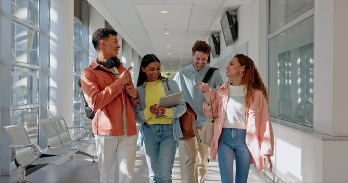 University, group and students walking on campus for education together in a corridor as friends with a scholarship. Learning, diversity and people in conversation happy in college or school hallway