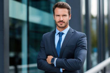 Fototapeta premium Attractive Happy wealthy rich successful business man standing in big city modern skyscrapers street thinking of successful future vision, dreaming of new investment opportunities.
