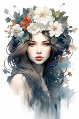 Watercolor art, female portrait, non-existent character, fictional girl. AI generated