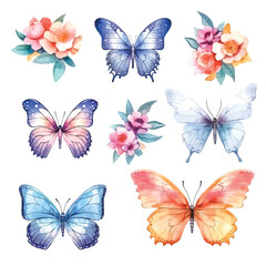 Obraz premium Whimsical Butterfly Dance: Watercolor Colorful Set on Clean White