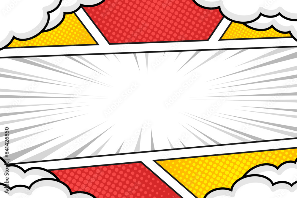 Poster Red and yellow pop art comic book background with clouds