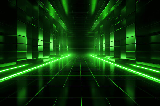Abstract neon green background, cyber space, parallel universe, lines, stripes, glow. AI generated
