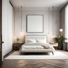 A harmonious bedroom with a white empty canvas frame for a mockup, elevating the room's aesthetic with an air of sophistication.
