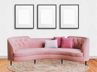 Pink Couch in Room under 3 Empty Mockup Frames, Gallery Wall Mock Up, Set of Three Picture Frame